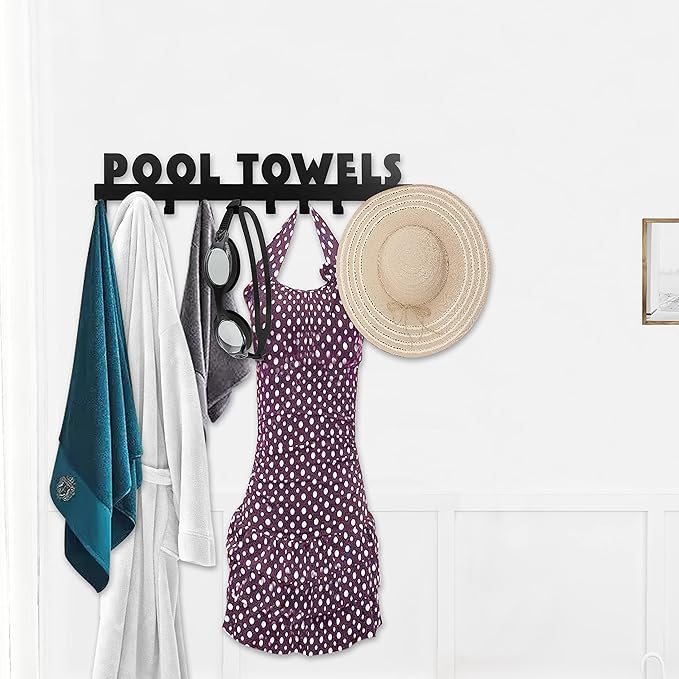 Pool Towel Rack Large Size 10 Hooks for Bathroom Wall Mount Towel Hooks Towel Holder Carbon Steel Hanger Organizer Indoor Outdoor for Robe, Towel, Coat, Swimsuit, Umbrella, Bag, Keys(Black