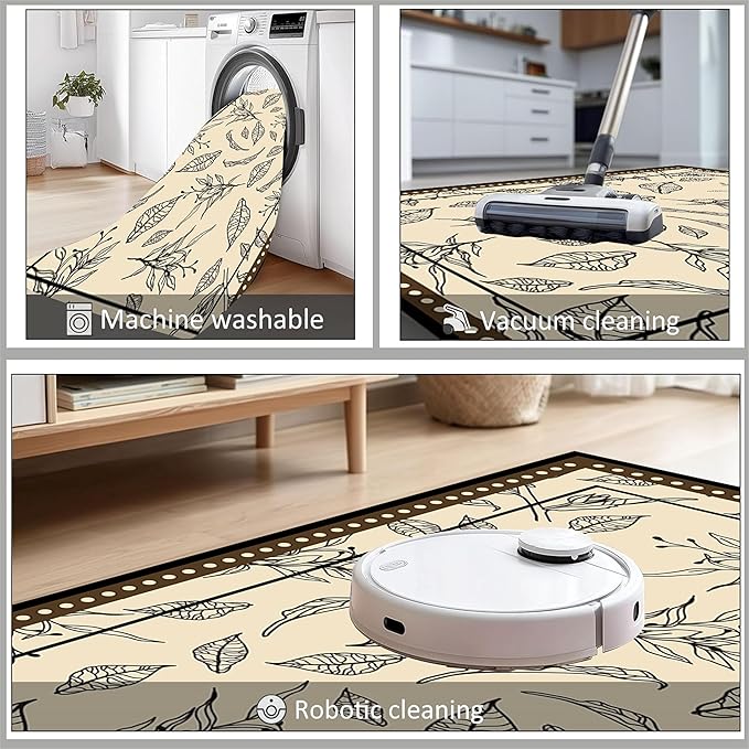 Medieval French Style Area Rugs 7x10ft, Off-White Botanical Leaf Pattern Rug, Low Pile Carpet, Washable & Non-Slip for Living Room, Bedroom, Dining Room, Dorm