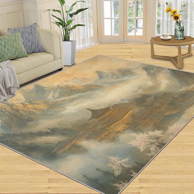 Misty Peaks Rugs for Bedroom - 5x8 Area Rug - Classic Fairy Palace Rugs for Living Room, Fairy Forest Rug, Washable Home Decor Carpet
