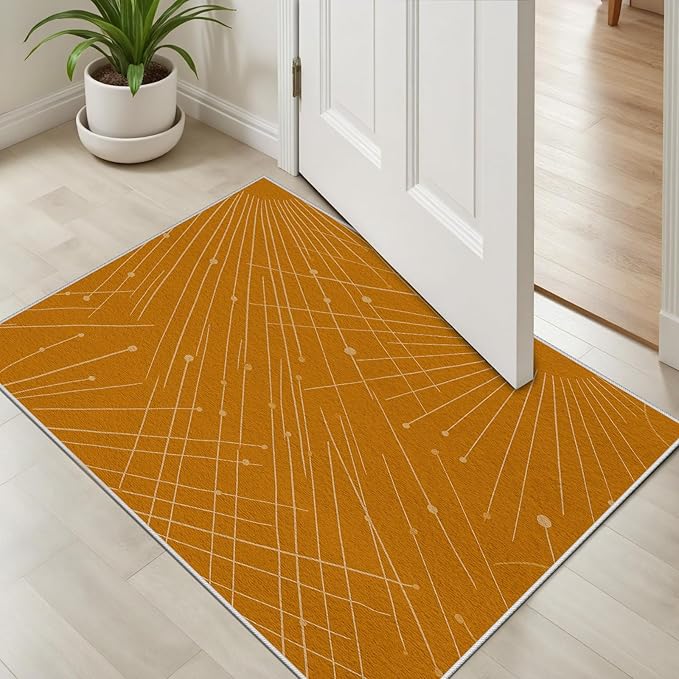 Modern Washable Area Rug 6x9, Boho Minimalist Non-Slip Rugs, Abstract Striped Soft Carpet for Living Room Bedroom Nursery Room Home Decor Office, Pet Friendly, Orange Beige