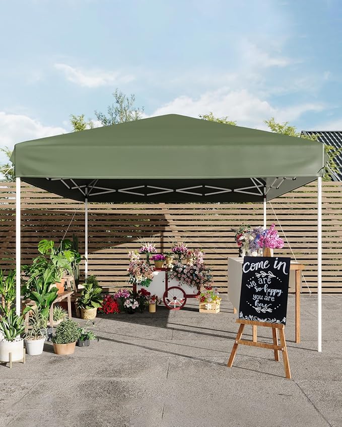 GarveeLife 10x10 Pop Up Canopy with One Sidewalls - Easy Up Camping Tent with One Button Push Setup - 1 Roller Bag, 3 Adjustable Height, 4 Weight Bags for Deck, Garden, Sports, Beach, Party (Green)