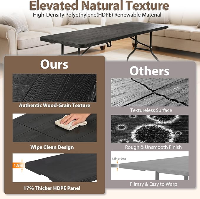 SUPER DEAL 8FT Folding Picnic Table for Indoor Outdoor, Portable Fold-in-Half Plastic Dining Camping Party Table with Carrying Handle, Black