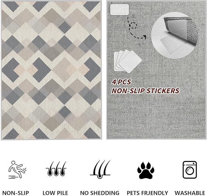 Modern Area Rug Living Room Rugs 6x8, Minimalist Soft Boho Geometric Rug, Non-Slip Washable Low Pile Non Shedding Carpet for Bedroom Office Dining Room Kitchen Nursery, Gray Beige White