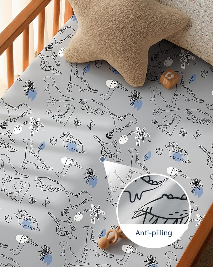Pack and Play Sheets Fitted 3 Pack, Mini Crib Sheets for Pack N Play Mattress Stretchy Portable Playard Sheets, Soft Breathable Grey & Blue Car