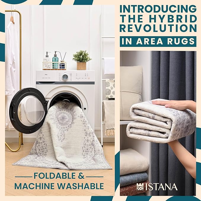 Istana 4x6 Rug - Grey & White Cream Area Rugs 4x6 - Kid & Pet Friendly Machine Washable Rugs - 4 x 6 Area Rug Non Slip & Non Shedding Area Rug - Foldable Rug for Room for Bedroom