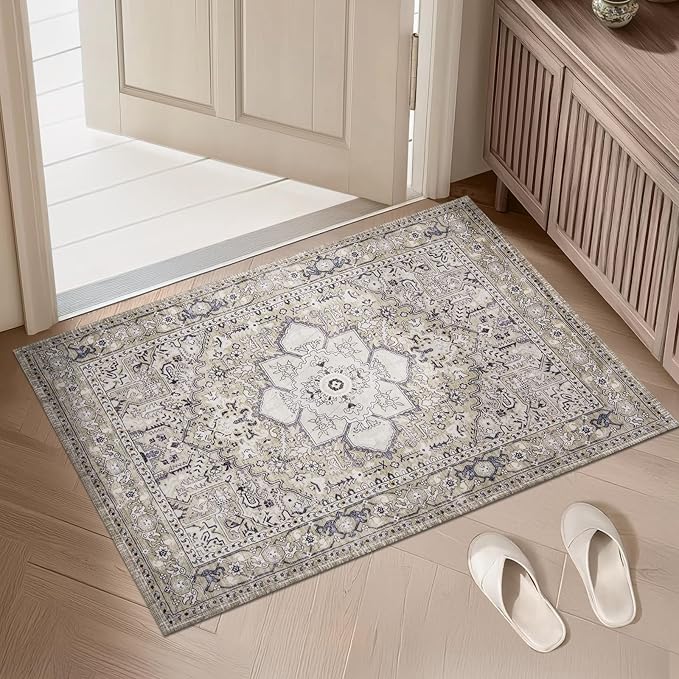 PURRUGS Vintage Farmhouse Boho Throw Rug 2x3 ft, Non-Slip Machine Washable Rug, Accent Oriental Area Rug for Entryway, Kitchen, Bedroom, Living Room and Dining Room, Taupe/Vanilla
