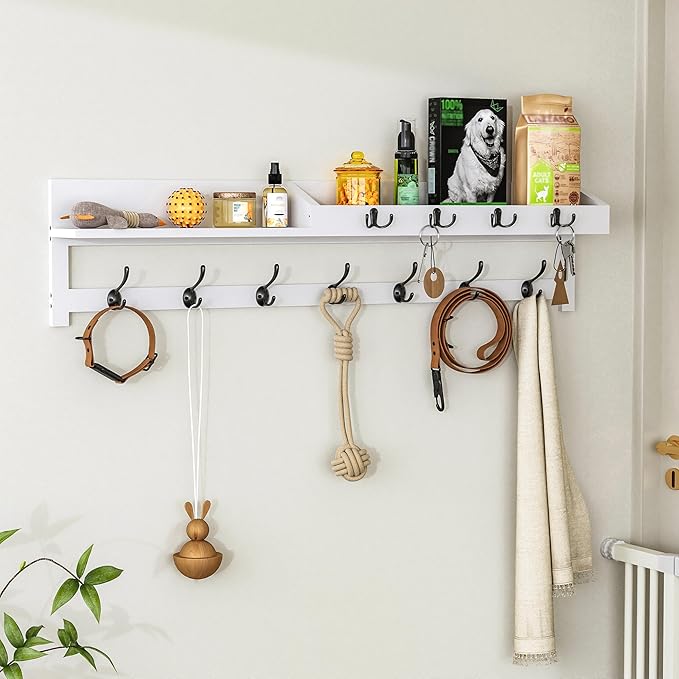 AMBIRD 35 inch Coat Rack Wall Mount, Extra Long Coat Hooks Wall Mount, Entryway Shelf with 7 Dual Coat Hooks 4 Key Hooks Mail Organizer, Wooden Wall Coat Rack with Hooks, Key Holder Rack (White)