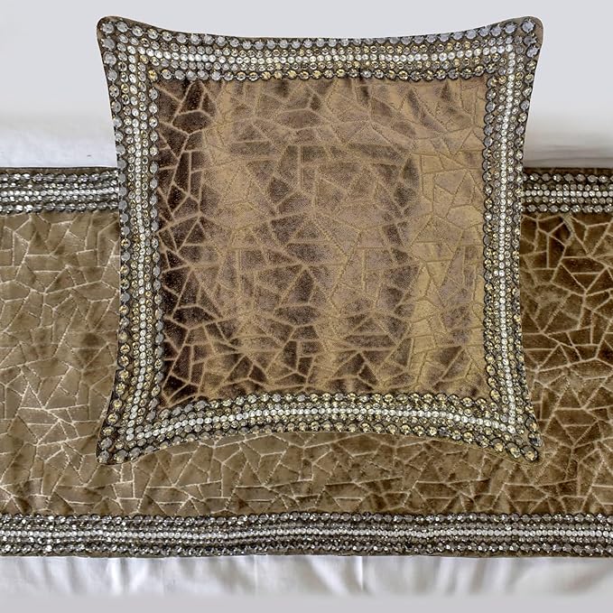 The HomeCentric King/Queen/Twin Brown Decorative Bed Runner Twin 53"x18" Bed Runner Without Pillow Cover, Border, Crystal, Cut Velvet, Mosiac Pattern Bed Scarf on Velvet Fabric - Velvet Fusion