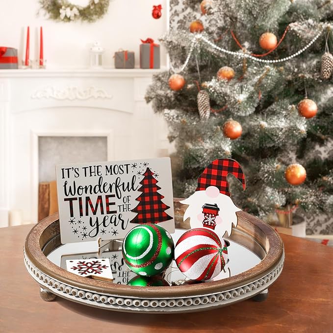 KULEDM Handmade Wooden Serving Tray, Small Beaded Coffee Table Tray Decor, Mirror Round Decorative Tray for Coffee Table, Dining Room Table Entryway and Living Room Table, TR700