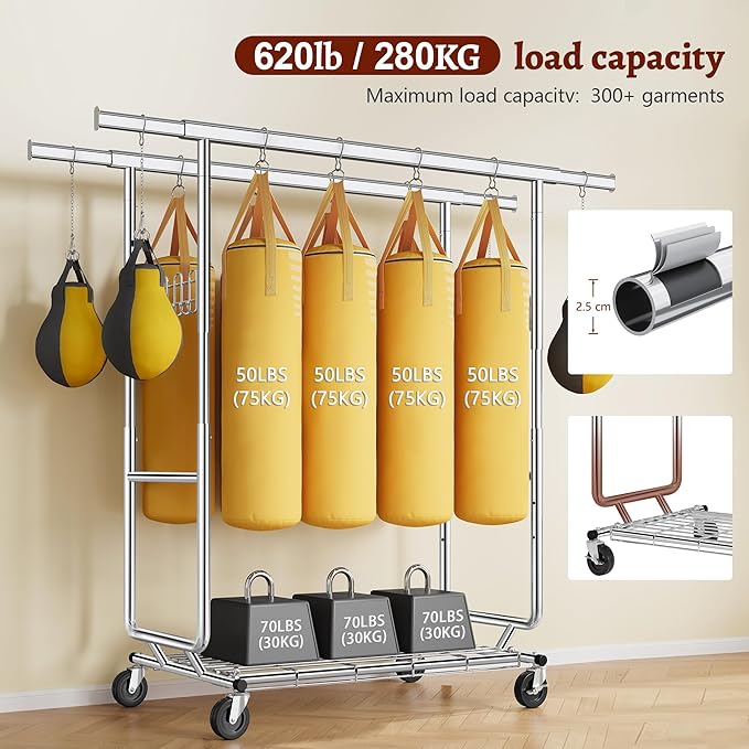 FAVOOSTY Heavy Duty Clothes Rack for Hanging Clothes Double Rods, Rolling & Extending Clothing Rack with Wheels, Garment Coat Rack Freestanding, Portable Clothes Rack, Sliver