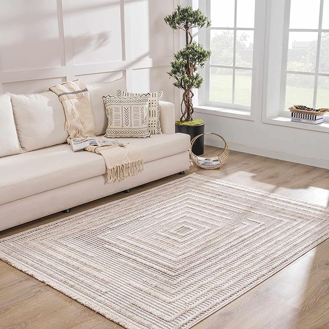 Hauteloom Lunao Living Room, Bedroom Area Rug - Farmhouse - Charcoal,Cream,Peach - 8'10" x 12'