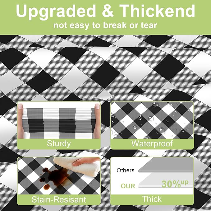 QIKSION Black Gingham Tablecloth Disposable 2 Pack, 54 x 108 Inch Black and White Checkered Table Cloth for Picnic, Outdoor BBQ Decorations, Birthday Party Supplies, Rectangle, Plastic Table Cover