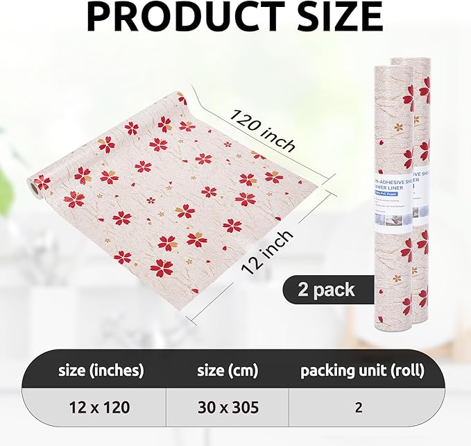 RAY STAR 12X120 Inch Shelf Liner for Kitchen Cabinets, Non-Adhesive Cabinet Liner Washable, PVC Drawer Liner for Dresser Non-Slip Bathroom (Red Floral)(2 Roll)
