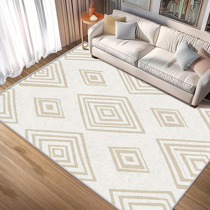 Washable 6x6 Modern Geometric Rug Living Room, Beige Abstract Diamond Design Area Rugs for Bedroom, Modern Geometric Home Decor Carpet, Low Pile, Non Slip, Kids & Pet Friendly (N4183)