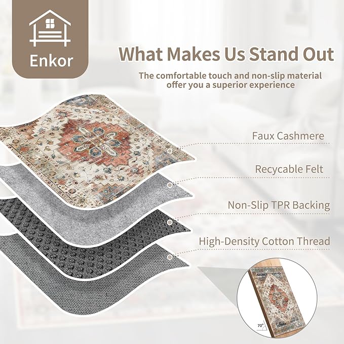 Enkor Runner Rugs for Hallway, 2.6x13 Washable Soft Non Slip Floor Rugs for Kitchen, Modern Mat for Living Room Bedroom Entryway Beige & Red