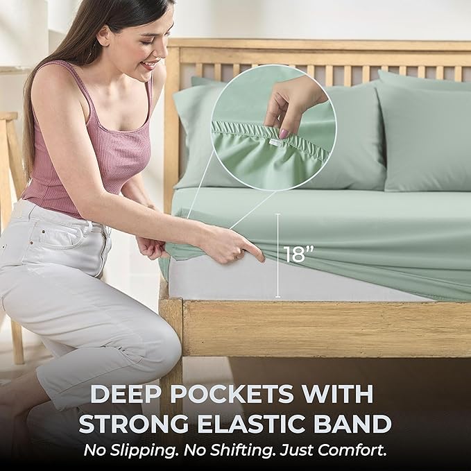 100% Natural Cotton Sheets Queen Size Bed Set | 500 TC Single-Ply Sateen Weave | Soft, Breathable, Hypoallergenic Solid 4-Piece Bedding with Deep Pocket Fitted, Flat, Pillowcase | Sage