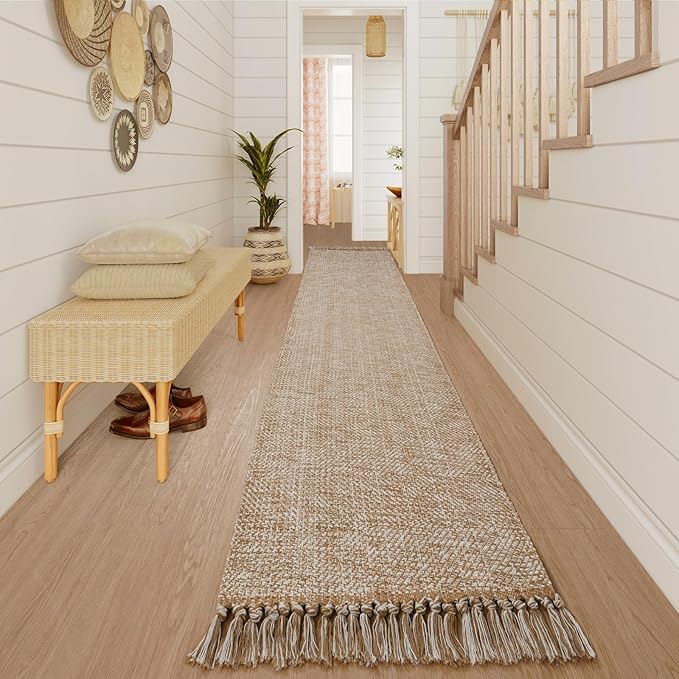 Collive Boho Long Hallway Runner Rug, 2.6x14 ft Washable Runners Rugs for Hall Tan/Cream Low Pile Kitchen Runer Carpet, Woven Cotton Carpets Runners for Entryway Bedside