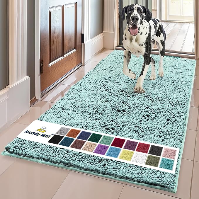 Muddy Mat® Shown on TV–Super Absorbent Microfiber Dog Door Mat for Muddy Paws, Non-Slip Washable Pet Rug, Quick Dry Chenille Entryway Carpet, Machine Washable Indoor Outdoor mat–Seafoam Green 59"x35"