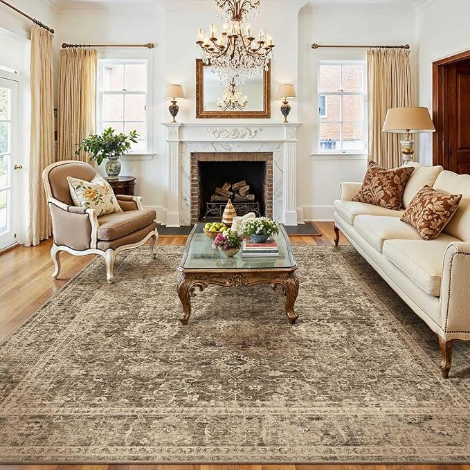 9x12 Brown Vintage Area Rug for Living Room Bedroom Large Distressed Rustic Carpet Non-Slip Low Pile Lightweight Vacuumable Soft Washable Throw Rug for Indoor Dining Room