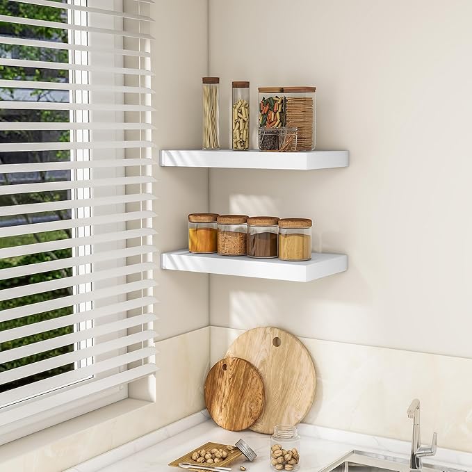 RICHFOCUS 16Inch Floating Shelves for Wall 2 Pack Shelves for Bedroom|Kitchen|Bathroom Wall Mounted Rustic Wood Floating Shelf with Invisible Brackets for Books|Storage|Decor, White