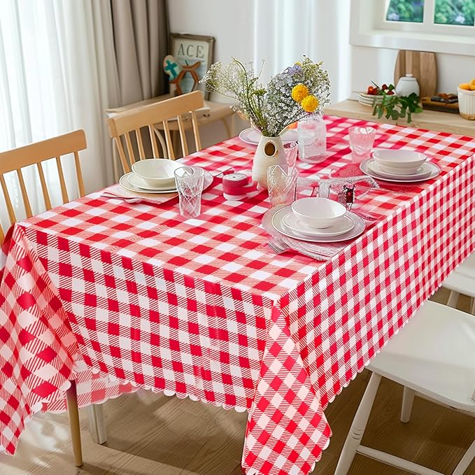 3 Pack Red Gingham Tablecloths, 54 X 108Inch Plastic Red and White Checkered Tablecloth Disposable Picnic Table Cloths Waterproof Outdoors Tablecloth for Camping Picnic Barbecue Birthday Party