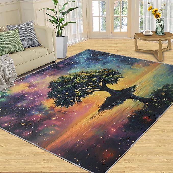 4x5 Tree of Life Indoor Outdoor Rug - Galaxy Tree Bedside Rug, Dreamlike Starry Sky Washable Entry Way Rugs Kids Carpet for Inside House Playroom Living Room End Table Nursery