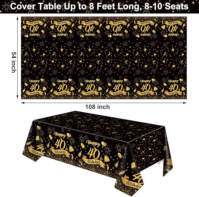 NatNarr 3 Pack 40th Birthday Plastic Tablecloth, 54x108 Inch Black Gold Disposable Rectangle Table Cover Waterproof Table Cloth for Birthday 40 Anniversary Party Supplies