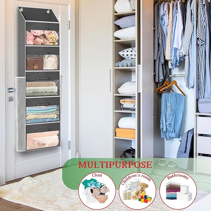 Ofiray-home Over Door Wrapping Paper Organizer Storage with 5 Removable Drawers & 2 Large Side Pockets for Gift Wrap Rolls Wrap Storage for Ribbons, Bows, Ornaments and Tools