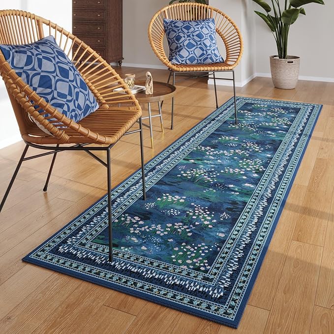 Rugcomf 2x6 Runner Rug Impressionist-Style Vintage Kitchen Rugs Non Slip Washable Soft Carpet Runner for Kitchen Laundry Bedroom Bathroom, Blue