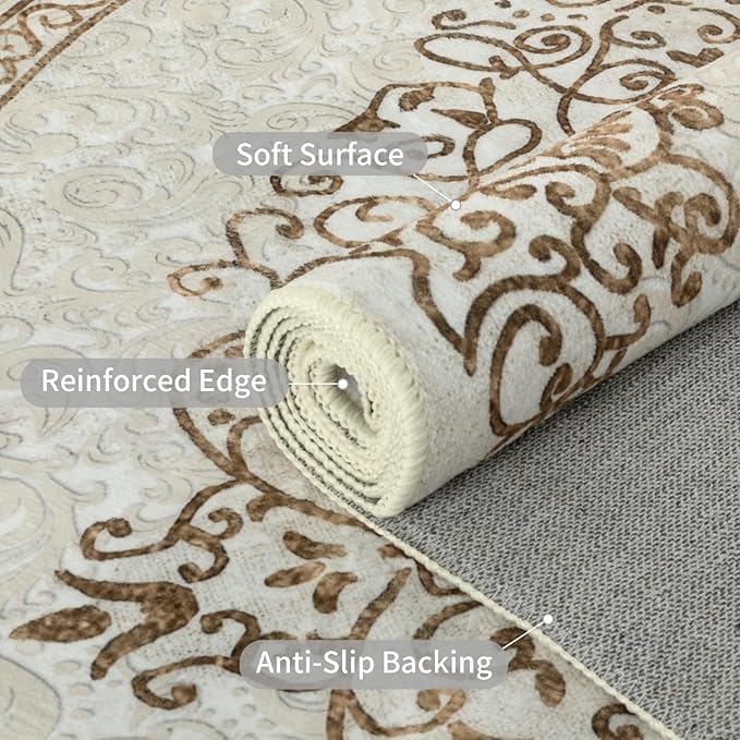 Easy-Going Round Area Rug 3ft Washable Boho Neutral Small Circle Rugs for Living Room Non-Slip Bedroom Rug Low Pile Lightweight Floral Brown Print Vintage Throw Rug for Dining Room Kitchen Office