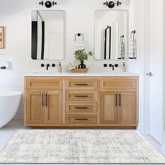 ReaLife Rugs Machine Washable Area Rug Runner - Living Room Bedroom Bathroom Kitchen Entryway Office - Padded Low Pile Stain Resistant Premium - Boho Farmhouse Vintage - Noor - Silver Ivory 2'6" x 6'