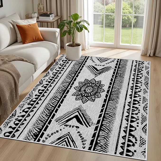 Area Rugs Moroccan for Living Room 5x7, Washable Non-Slip Boho Rug, Neutral Farmhouse Soft Carpet for Bedroom, Kitchen, Dining Room, Entryway, Geometric Print Tribal Carpets, Black and White