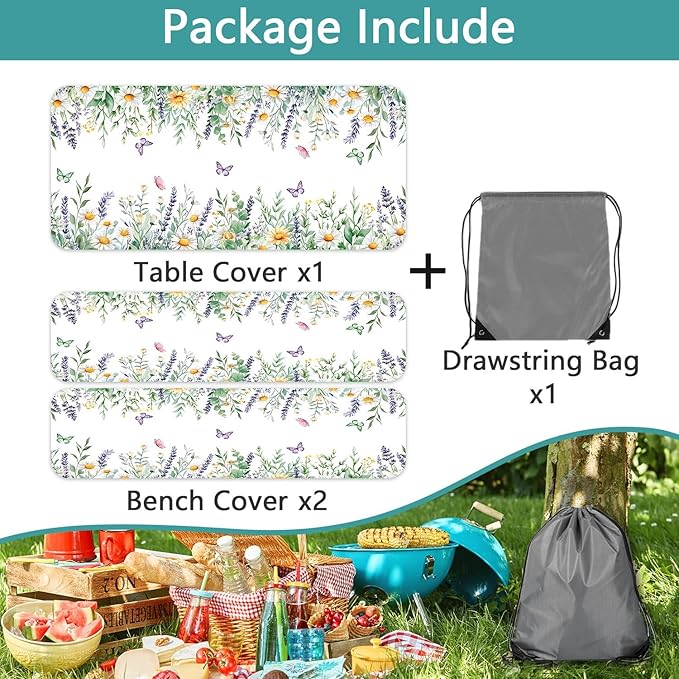 Floral Picnic Table Cover with Bench Covers, Camping Essentials, Leaves Flower Butterfly Waterproof Windproof, Fitted Tablecloth Cover with Elastic Edge, for Indoor, Outdoor, 3 PCS, 30x60 Inch