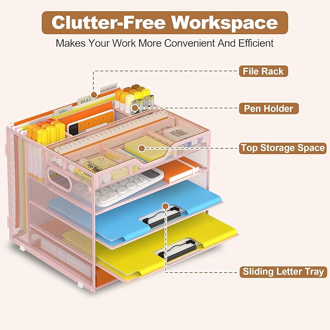 Docnest 5 Tier Letter Tray with Hanging File Organizer-Mesh Desk Organizer-Desktop Storage Box Built in Pen Holder and Handles, File Folder Holder for Mail Documents Office Supplies-Pink