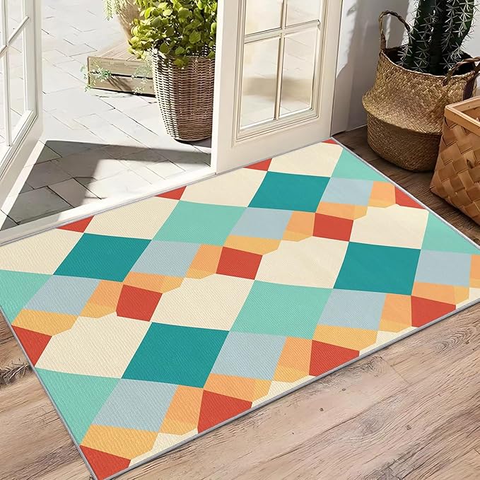 Geometric Large Area Rug - 7x10 Rug - Colorful Retro Mid Century Modern Rugs for Living Room Non Slip Low Pile Machine Washable Area Rugs, Geometric Carpets Home Decor & Gifts