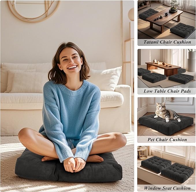 Meditation Floor Pillow 22×22 Inch 1 Pack Large Floor Cushions for Adults Square Tufted Corduroy Floor Pillows for Yoga Living Tatami Room Dark Grey