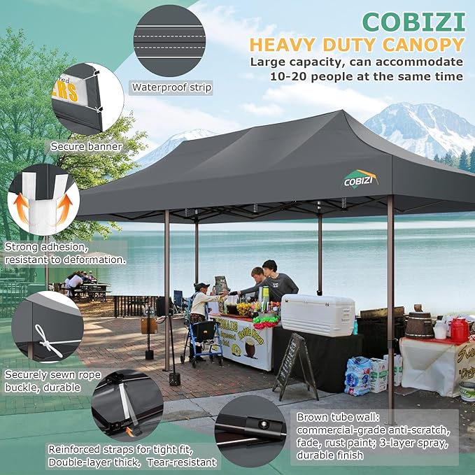 COBIZI 10x30 Pop Up Heavy Duty Canopy with 8 Sidewalls and Hexagonal Legs, Easy up Tent for Party, Wedding and Commercial, Outdoor Canopy with Carry Bag, Waterproof & UPF50+ (Gray)