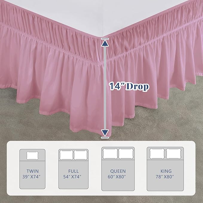 Twin Bed Skirt, Elastic Wrap Around Bed Skirt Twin Size, Bed Skirts for Adjustable Bed, Easy Fit with 14" Drop Length Tailored Drop Dust Ruffle (Pink)
