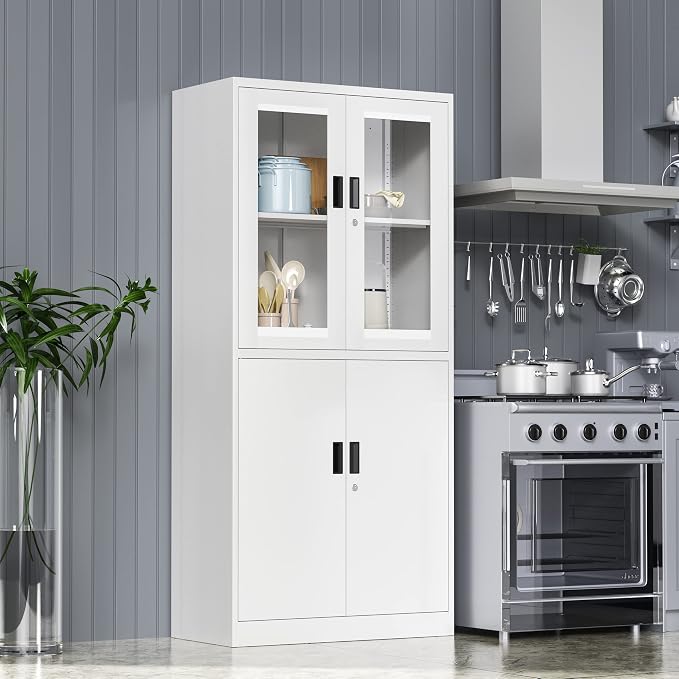 4 Door Display Cabinet with Adjustable Shelves, Locking Steel Storage Caninet