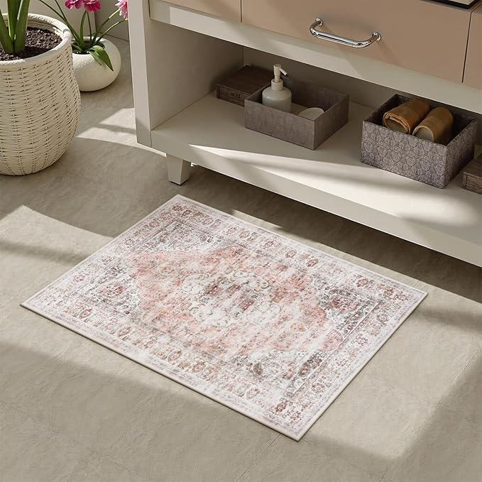 Uphome Boho Bathroom Rugs, Distressed Farmhouse Blush Pink Bath Mat, Comfy Velvet Small Bath Rugs Non Slip Washable, Vintage Oriental Toilet Rug for Sink Shower Vanity, 20x32 inch
