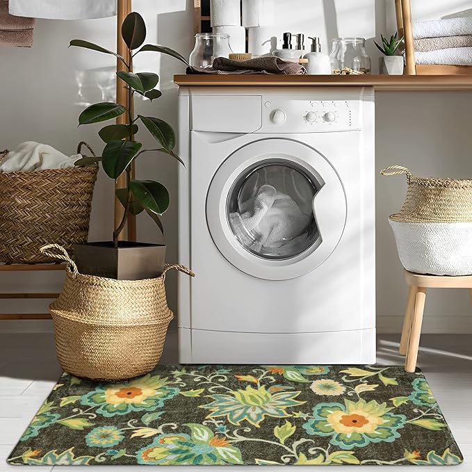 Lahome Floral Washable Entryway Rug - 2x4 Non-Slip Low-Pile Hallway Runner Soft Throw Kitchen Mat Bath Rug Green Paisley Print Indoor Carpet for Laundry Living Room Entrance