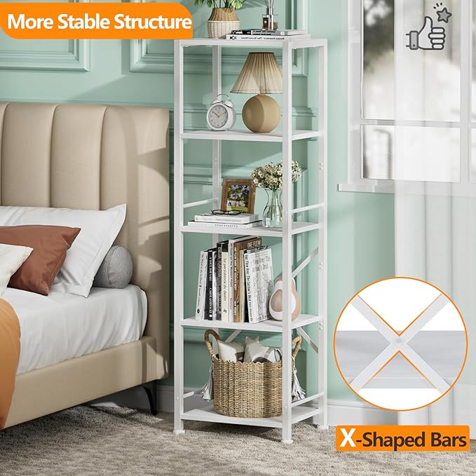Furologee White Bookshelf 5 Tier Bookcase, Tall Narrow Bookshelves, Modern