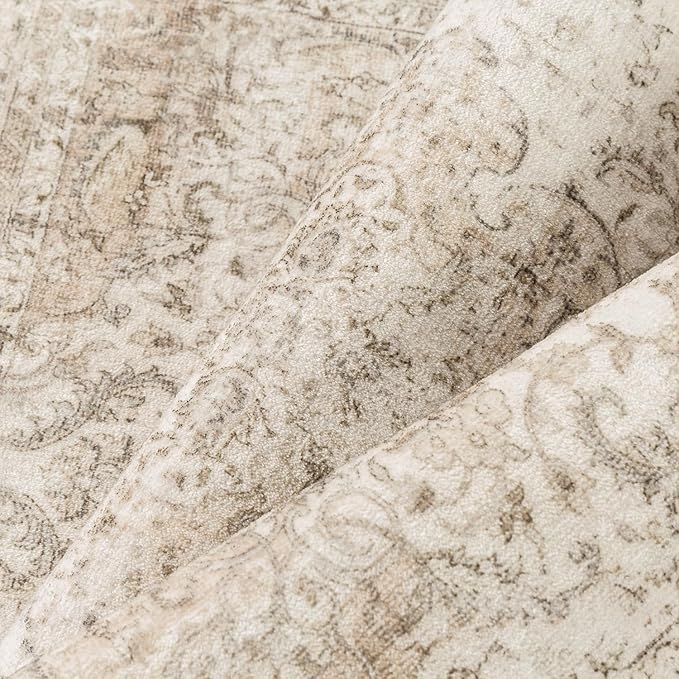 9x12 Beige Area Rug Vintage Living Room Bedroom Washable Carpet Non-Slip Soft Low Pile Distressed Indoor Large Throw Rug for Dining Room Office
