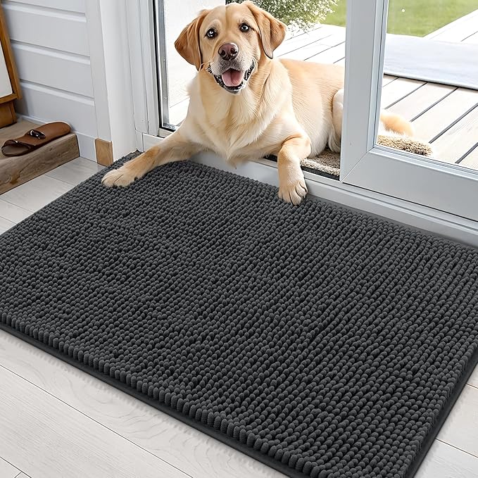 OLANLY Dog Door Mat for Muddy Paws 36x24, Absorbs Moisture and Dirt, Absorbent Non-Slip Washable Doormat, Quick Dry Chenille Mud Mat for Dogs, Entry Indoor Entryway Carpet for Inside Floor, Dark Grey