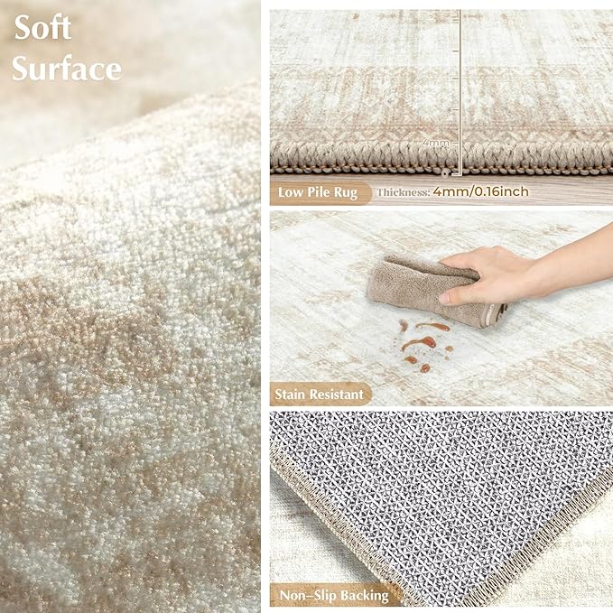 Area Rug 2x3 Entryway Rugs - Machine Washable Vintage Boho Area Rug Non-Slip Kitchen Rugs Soft Stain Resistant Indoor Door Mat, Small Oriental Throw Rug for Entrance Hallway Bedroom (Beige, 2'x3')
