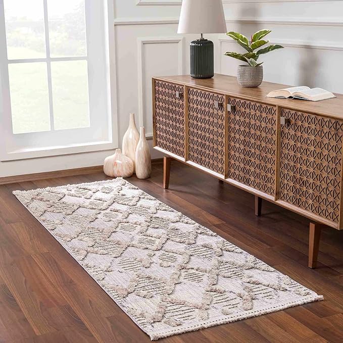 Hauteloom Bogtong Farmhouse Living Room Bedroom Moroccan Trellis Area Rug - Soft Shaggy High Low Carpet - High Pile - Bohemian, Boho - Gray, Beige, Cream - 7'10" x 10'