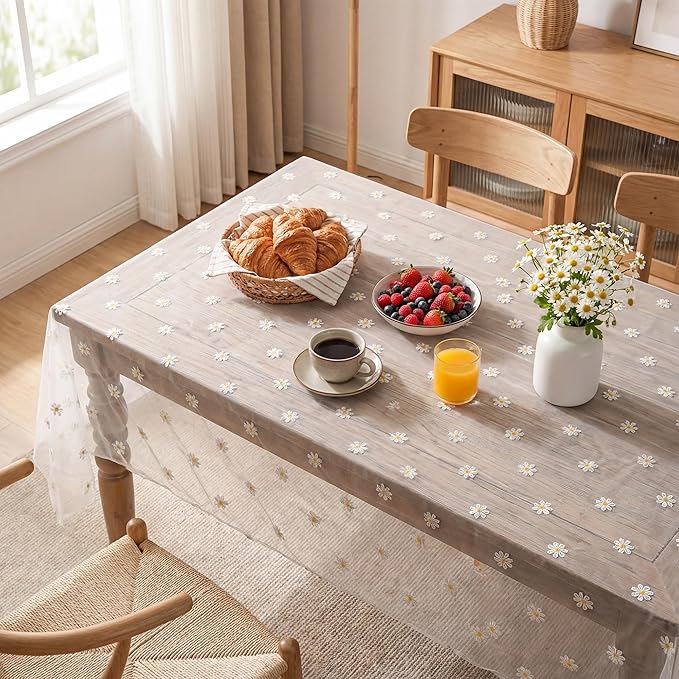 Horaldaily White Embroidery Daisy Spring Summer Gauze Tablecloth 60×104 Inch Rectangular, Seasonal Tulle Table Cover, Garden Party Decorations for Wedding, Party, Holiday Dining
