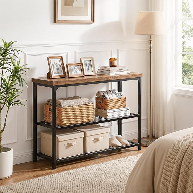 Besiost 32" Small Console Table with Storage, 3-Tier Industrial Narrow Entryway Table with Mesh Shelves, Sofa Table Behind Couch for Hallway Foyer Living Room, Sturdy Metal Frame, Rustic Brown