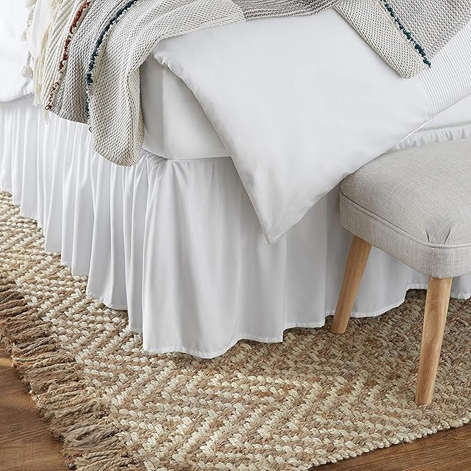 KRISHNA Ruffled Bed Skirt with Split Corners Queen, 100% Microfiber Hotel Quality, 16 Inch Drop Dust Ruffle Gathered Bedskirt with Platform, 60" x 80", White