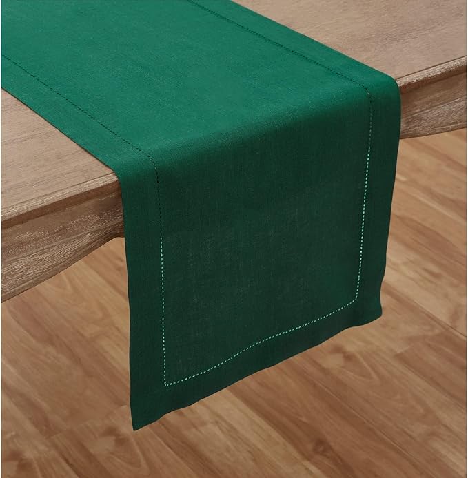 Solino Home Linen Rainforest Green Table Runner 72 Inches Long - 100% Pure Linen Hemstitch Table Runner 14 x 72 Inch for Dresser, Dining, Christmas, New Year - Classic Hemstitch